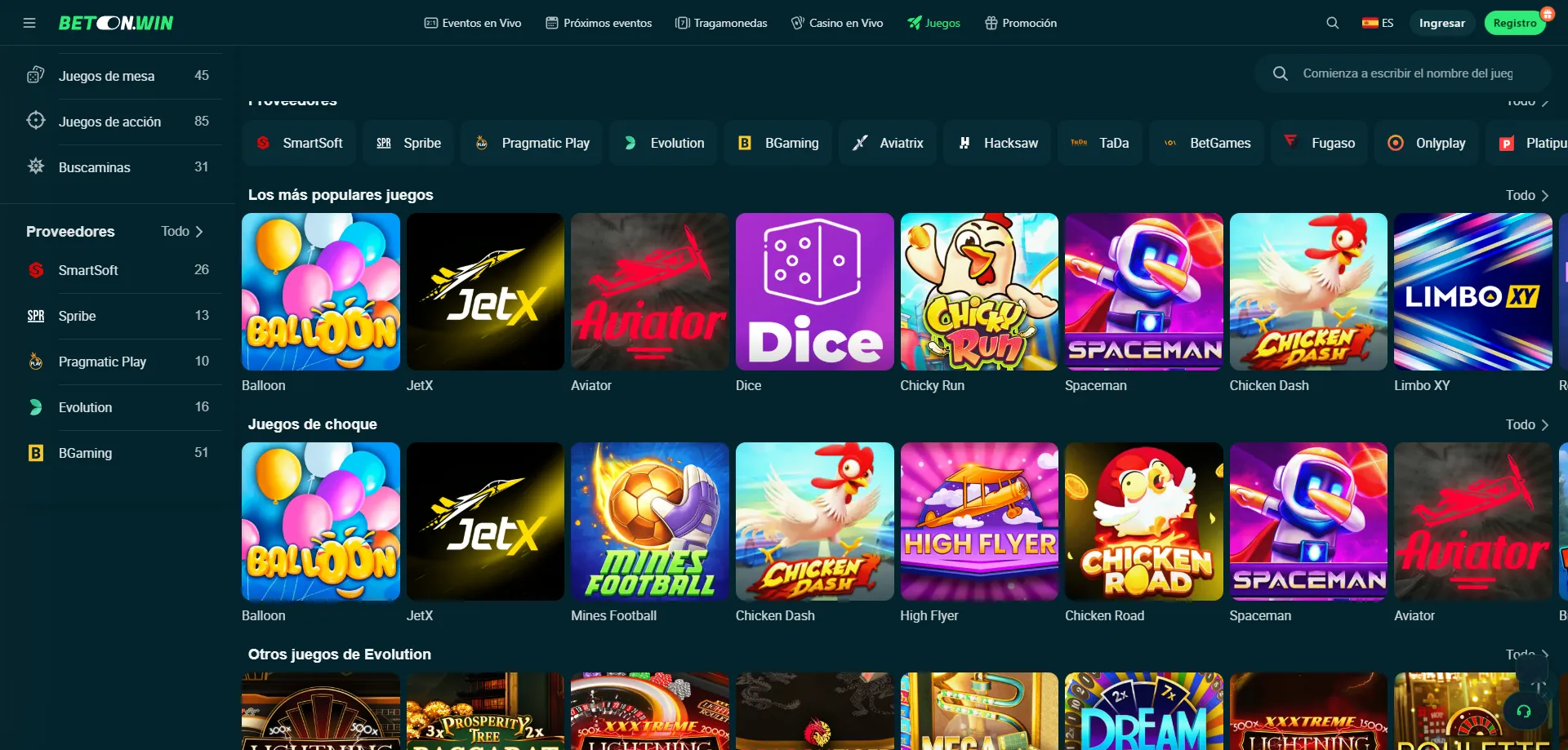 Variedad de juegos de casino en vivo disponibles en BetonWin