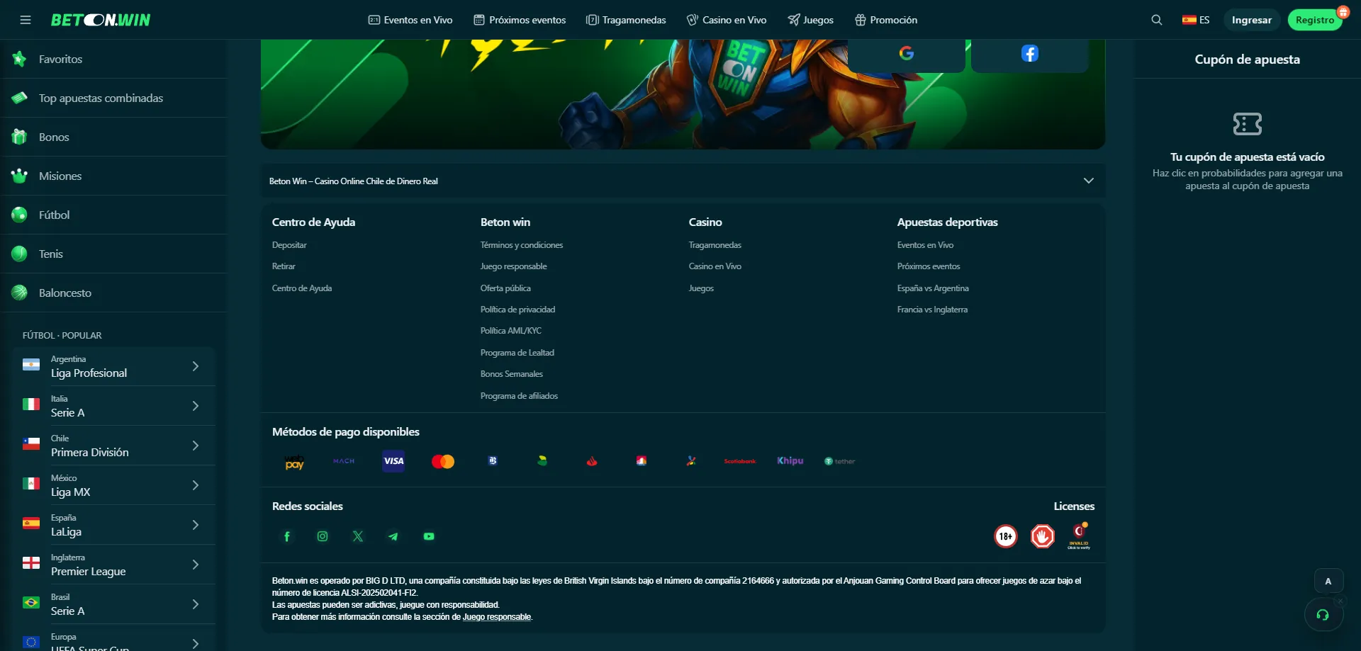 Métodos de pago en BetonWin Casino — criptomonedas y bancos chilenos